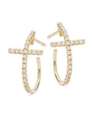 Lord & Taylor 14k Yellow Gold And Diamond Cross Earrings