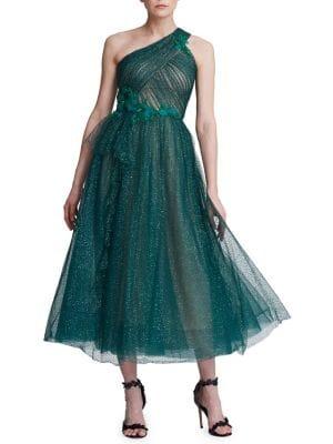 Marchesa Notte One-shouldered Lurex Tulle Cocktail Dress