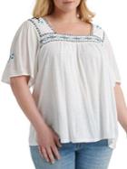 Lucky Brand Plus Embroidered Cotton Blend Blouse