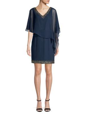J Kara Embellished Cape Overlay Dress