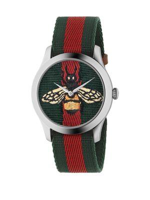Gucci Bee Stainless Steel And Striped Nylon Strap Watch