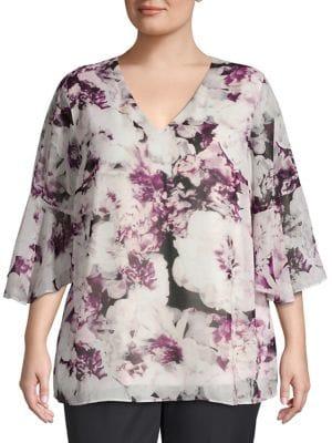 Calvin Klein Plus Plus Floral Printed Bell-sleeve Top