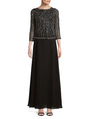 J Kara Quarter-sleeve Sequined Sheer Dress