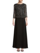J Kara Quarter-sleeve Sequined Sheer Dress