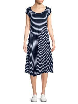 H Halston Striped Asymmetrical Cap-sleeve Dress