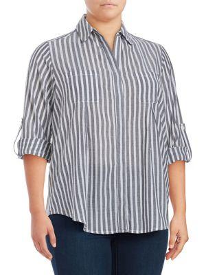 Lord & Taylor Plus Roll-tab Stripe Blouse
