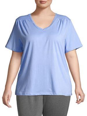 Karen Neuburger Plus Embroidered Neck Cotton Blend Tee