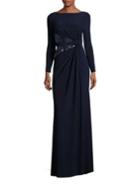 Adrianna Papell Sequin Ruched Long Sleeve Jersey Gown