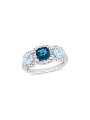 Sonatina Sterling Silver, London Blue Topaz, Sky Blue Topaz & Diamond Halo Ring