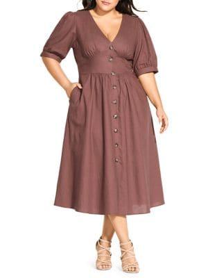 City Chic Plus Sunset Stroll Linen & Cotton Blend Button-front Dress