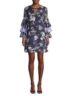Vince Camuto Layered Ruffle Sleeve Floral Chiffon Dress