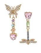 Betsey Johnson Buzz Off Pave Butterfly And Dragonfly Mismatch Drop Earrings