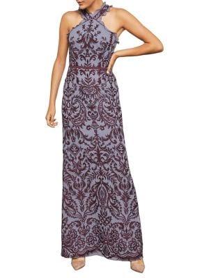 Bcbgmaxazria Embroidered Chiffon Halter Gown