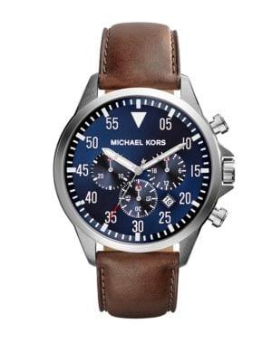 Michael Kors Gage Stainless Steel And Leather Chronograph Strap Watch
