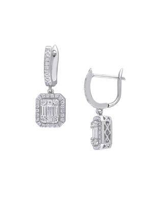Sonatina 14k White Gold & Baguette-cut Diamond Halo Dangle Earrings