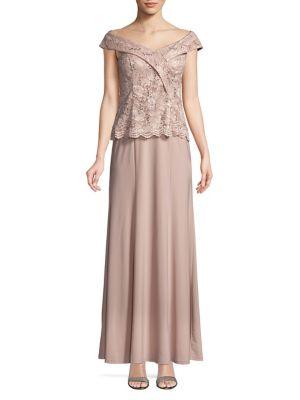 Cachet Embroidered Off-the-shoulder Gown