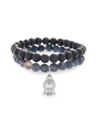 Lord & Taylor 2-piece Blue Agate, Black Beads & Stainless Steel Charm Bracelet Set
