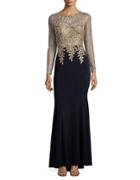 Xscape Mesh Gold Embroidery Gown