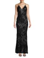 Betsy & Adam Embellished Mesh Column Gown