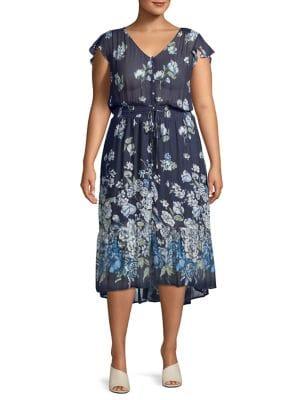 Lucky Brand Plus Floral Flutter Sleeve Belted Dress