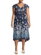 Lucky Brand Plus Floral Flutter Sleeve Belted Dress
