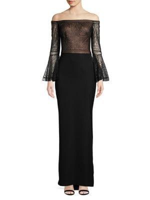 Tadashi Shoji Sequined Bell-sleeve Off-the-shoulder Gown