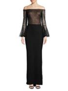Tadashi Shoji Sequined Bell-sleeve Off-the-shoulder Gown