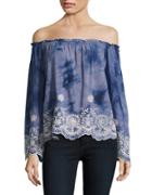 Romeo & Juliet Couture Tie-dyed Embroidered Off-the-shoulder Top