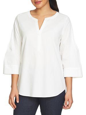 Chaus Split-neck Pleated Three-quarter Poplin Top