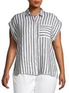 Lord & Taylor Plus Tabbed Short-sleeve Striped Linen Pocket Shirt