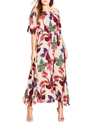 City Chic Plus Frill-sleeve Tropical Maxi Dress