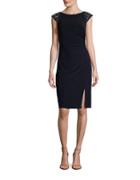 Vince Camuto Cap Sleeve Bead-accented Ruched Sheath Dress