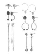 Steve Madden Six Pair Hematite Silvertone Spikes, Open Hoops And Bars Earrings Set