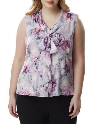 Tahari Arthur S. Levine Plus Floral Printed Tie Blouse
