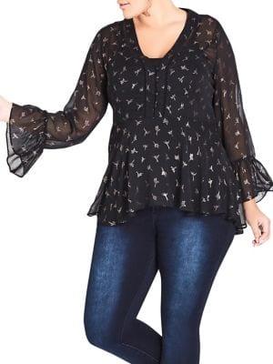 City Chic Plus Sheer Bell Sleeve Dove Blouse