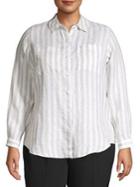 Lord & Taylor Plus Natural Striped Linen Button Front Shirt