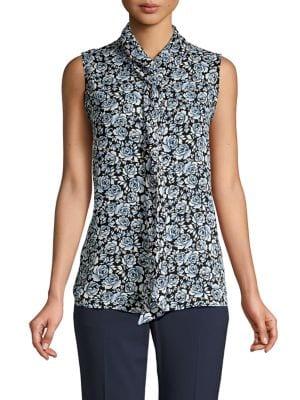 T Tahari Floral Tie-neck Top