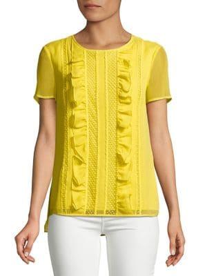 Imnyc Isaac Mizrahi Short Sleeve Ruffle & Lace Trim Chiffon Top