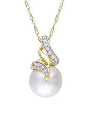Sonatina 14k Yellow Gold, White Round Pearl & Diamond Swirl Drop Necklace
