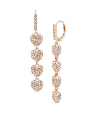 Betsey Johnson White Flowers Pave Crystal Heart Linear Earrings