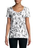 Lord & Taylor Floral-print Cotton Slub V-neck Roll Sleeve Tee