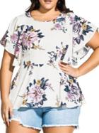 City Chic Plus Summer Love Floral Flutter-sleeve Top