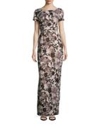 Adrianna Papell Boatneck Foil-printed Column Gown