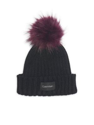 Calvin Klein Pop Color Knit Faux Fur Pom-pom Beanie