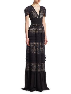 Ml Monique Lhuillier V-neck Lace Floor-length Gown