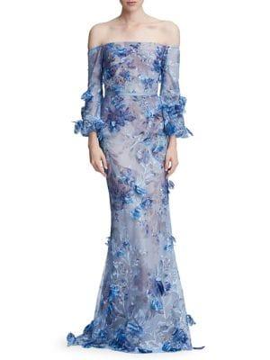 Marchesa Notte Bishop Off-the-shoulder Gown