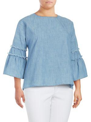 Vince Camuto Plus Bell-sleeve Frayed Cotton Top