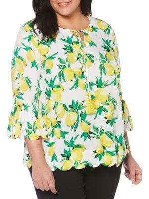 Rafaella Plus Lemon-print Bell-sleeve Top