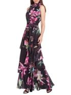 Tahari Arthur S. Levine Sleeveless Chiffon Ruffled Floral Gown