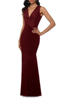 Betsy & Adam Satin V-neck Sleeveless Ribbed Evening Gown